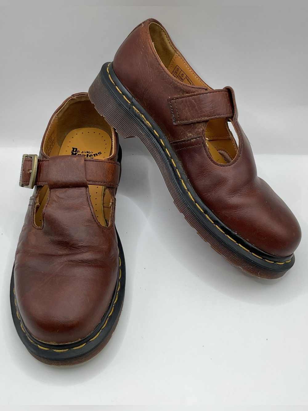 Dr. Martens Brown Leather Mary Jane Loafers with Yellow Stitching